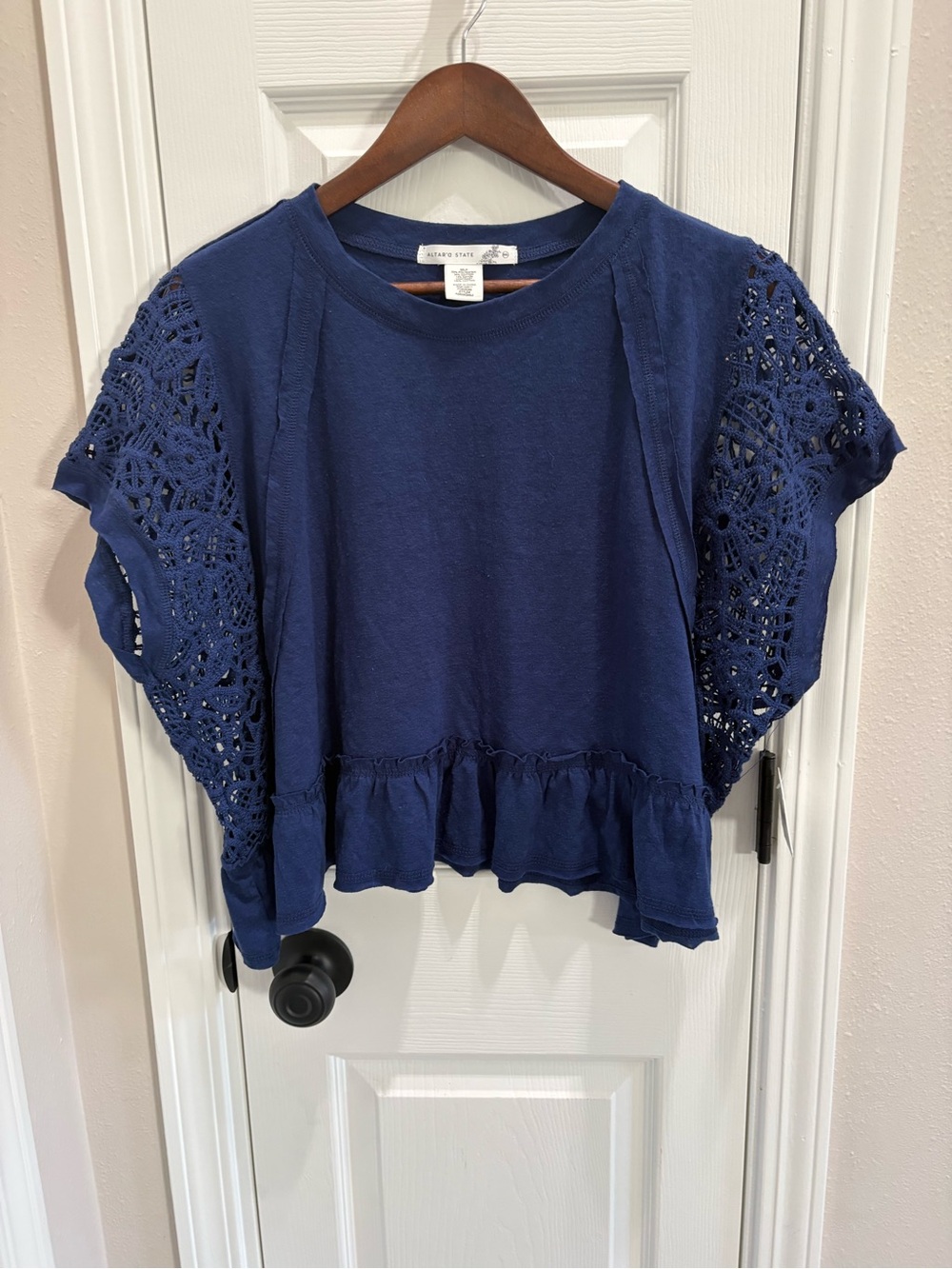 Altar'd State Navy Blue Crochet-Sleeve Ruffle Hem Top